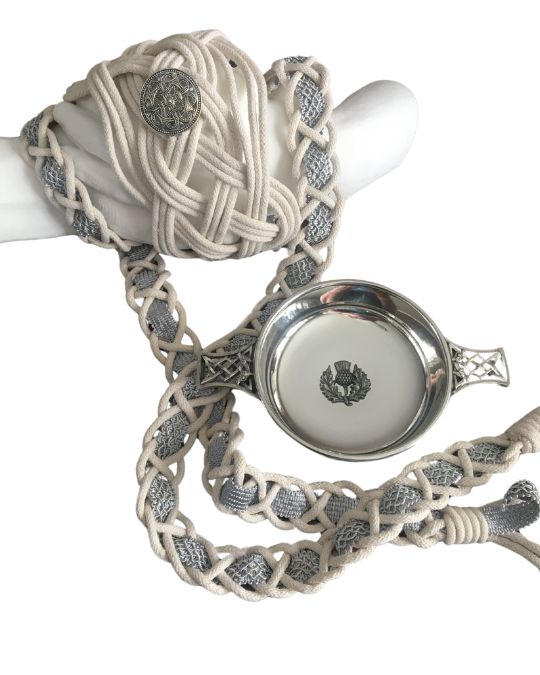 Gray and White Handfasting Cord and Pewter
                  Quaich